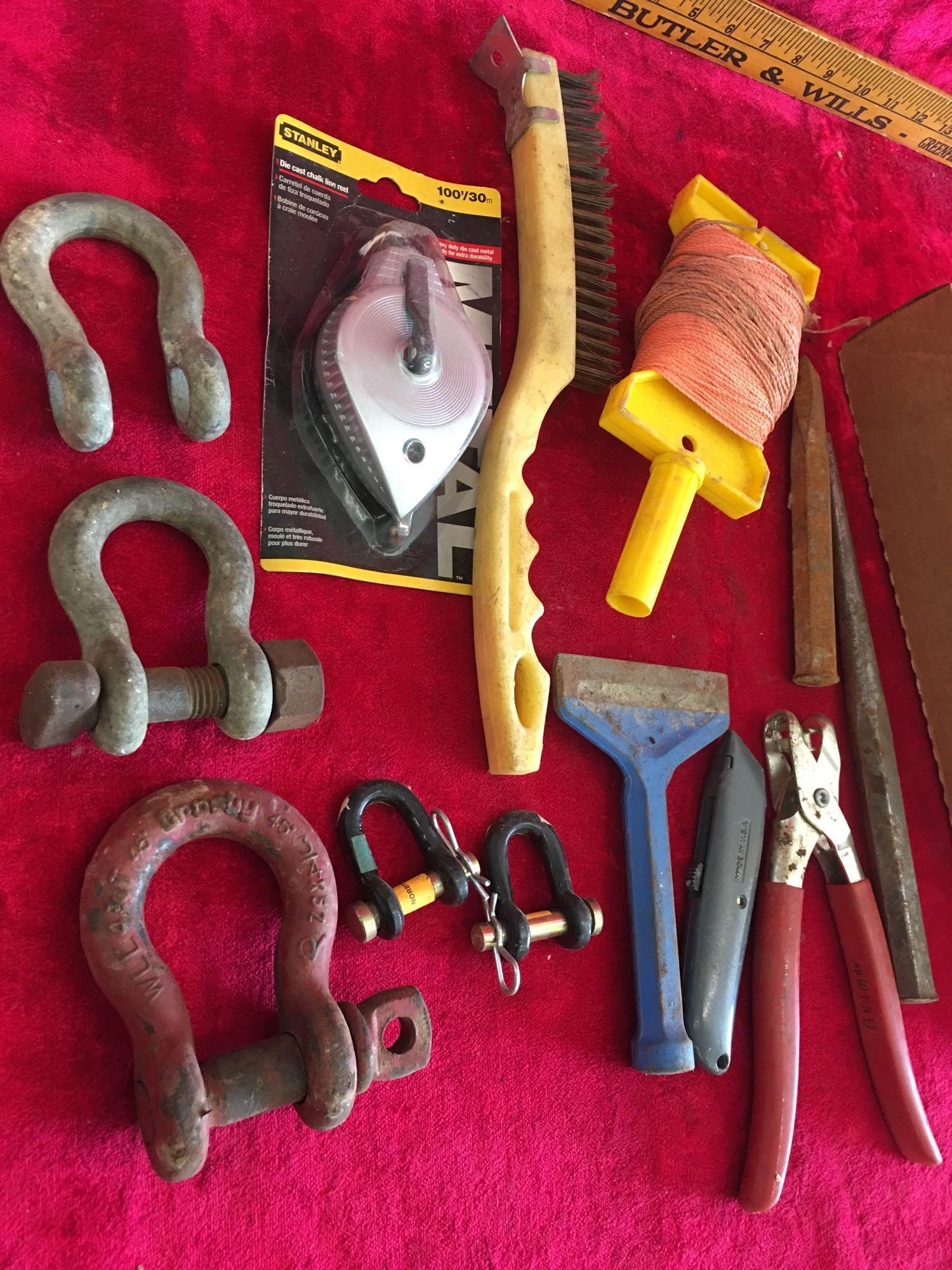 Misc. Items: Stanley Die cast chalk line reel, eye nut, syringe, and more