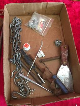 Misc. Items: Stanley Die cast chalk line reel, eye nut, syringe, and more
