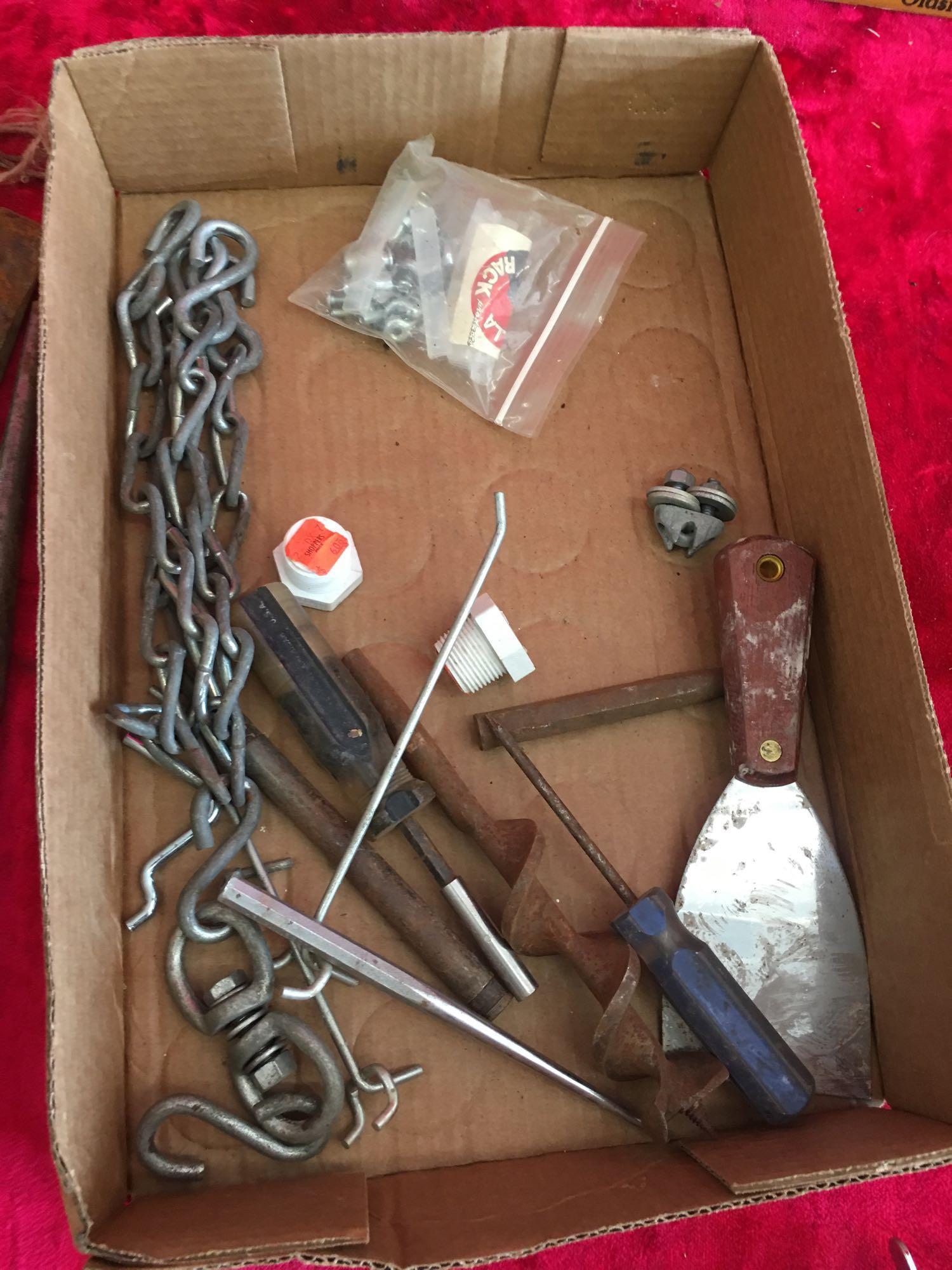 Misc. Items: Stanley Die cast chalk line reel, eye nut, syringe, and more