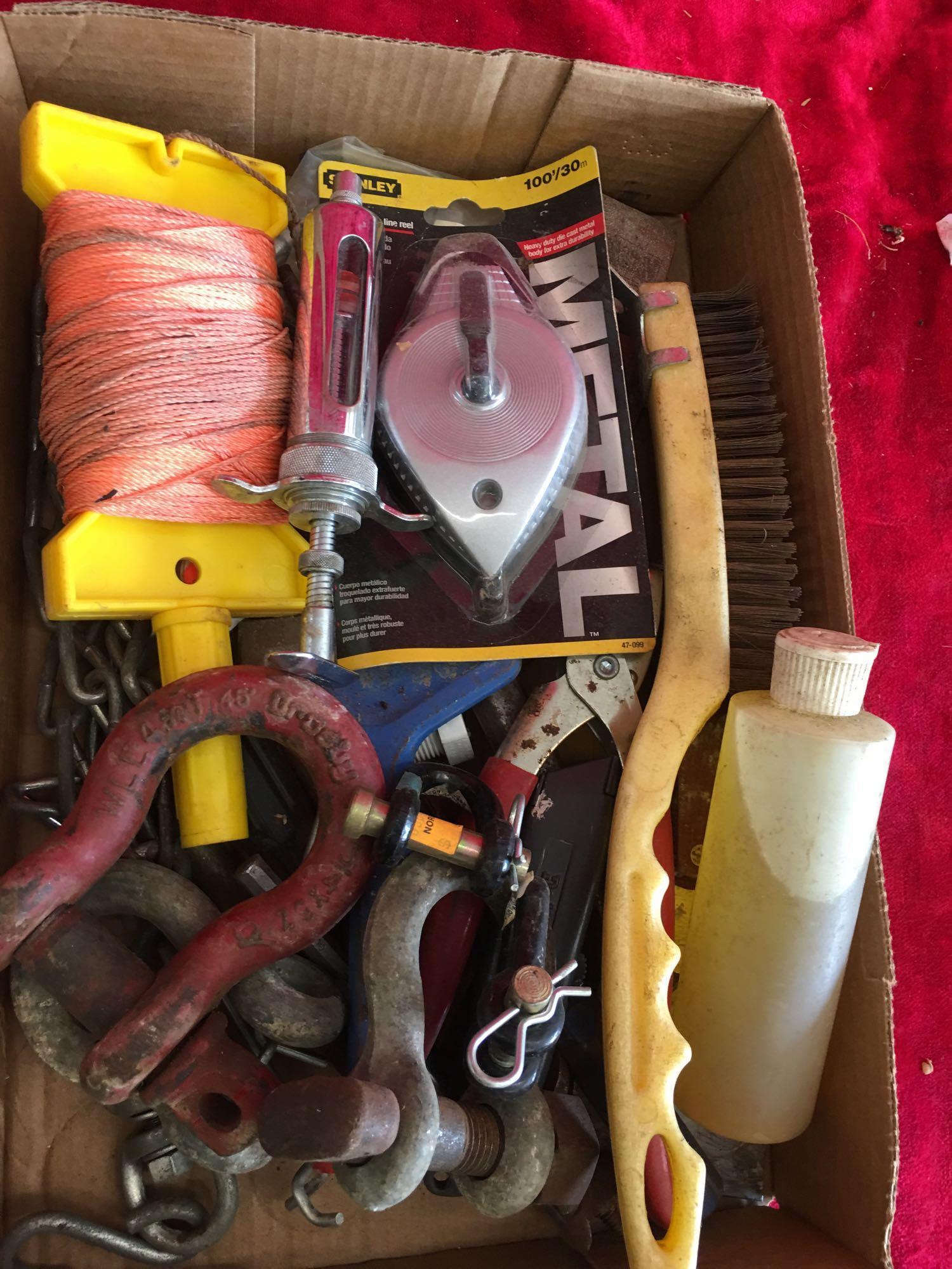 Misc. Items: Stanley Die cast chalk line reel, eye nut, syringe, and more
