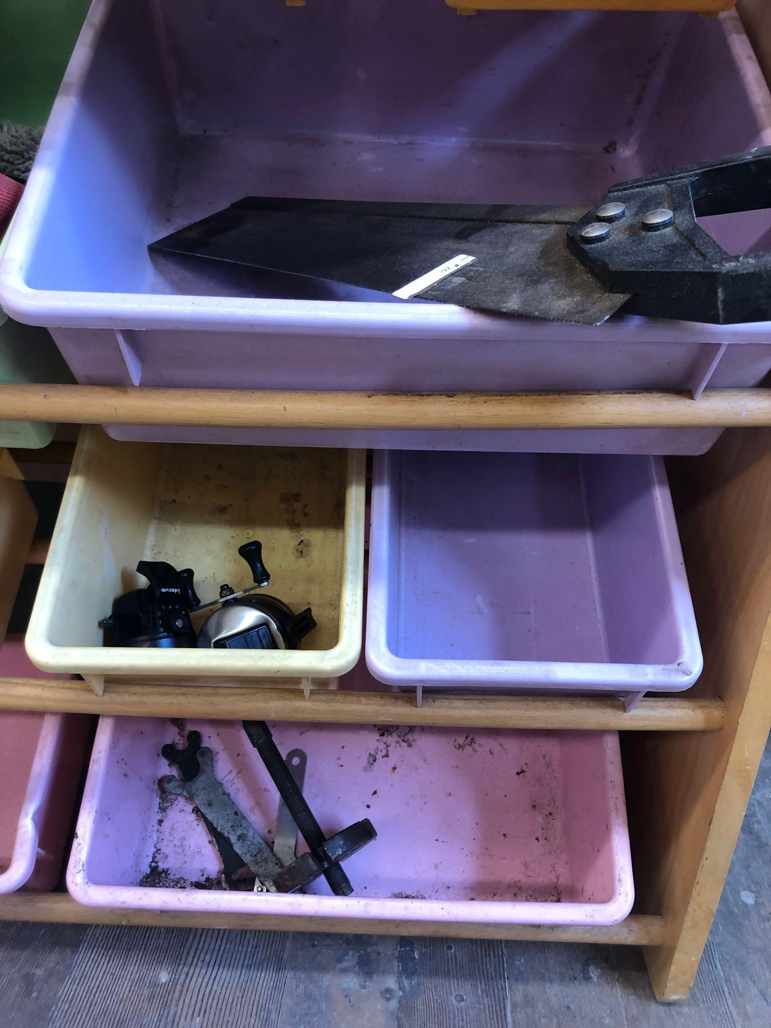 Bins/shelf organizer with miscellaneous items
