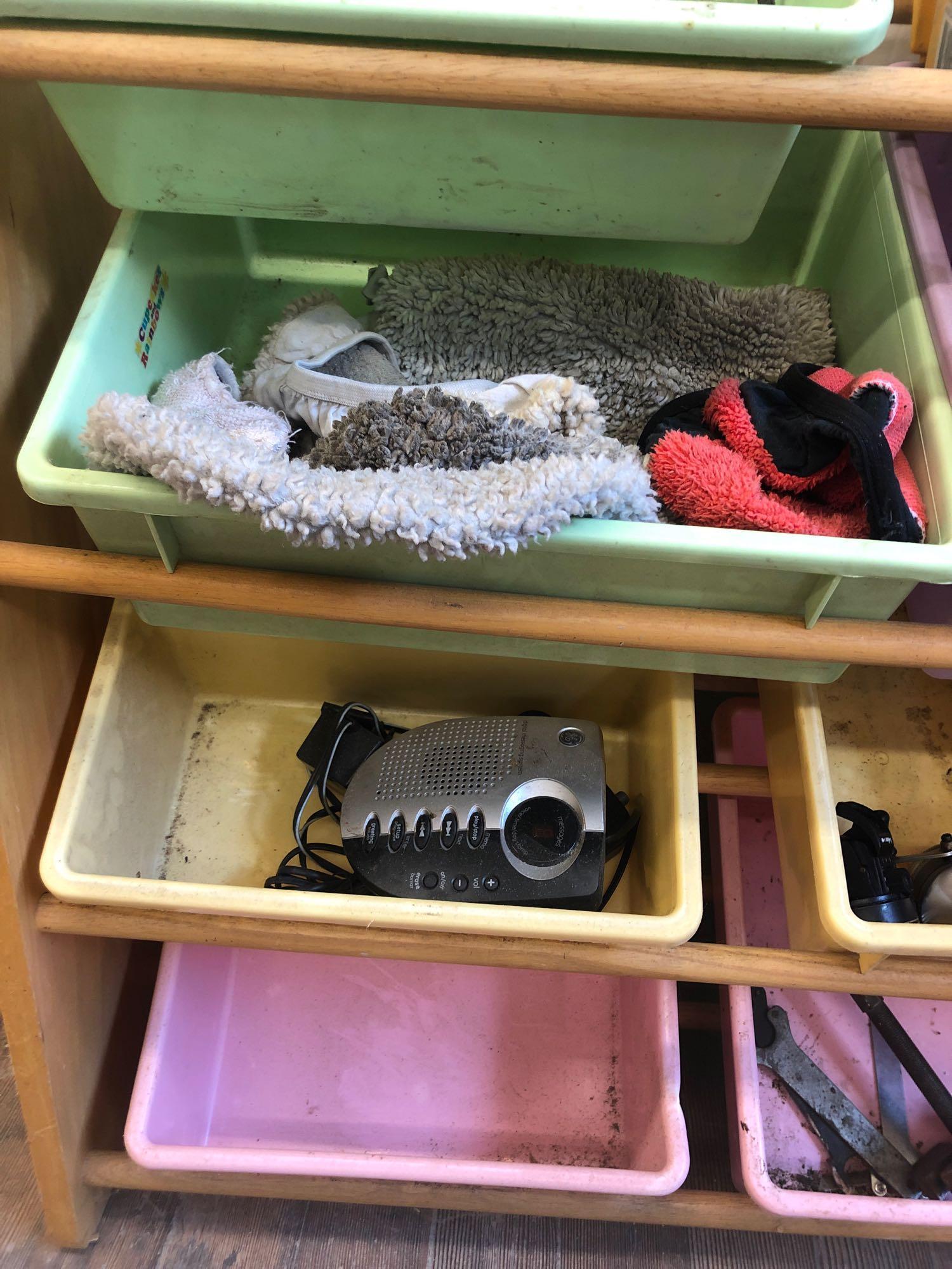 Bins/shelf organizer with miscellaneous items