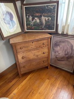Oak(?) Dresser, and HARRY TOLLAS BRITTANY SPANIEL framed art