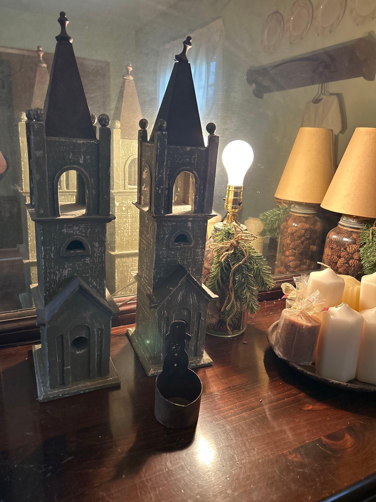 Handmade wooden houses candles pine cones & misc