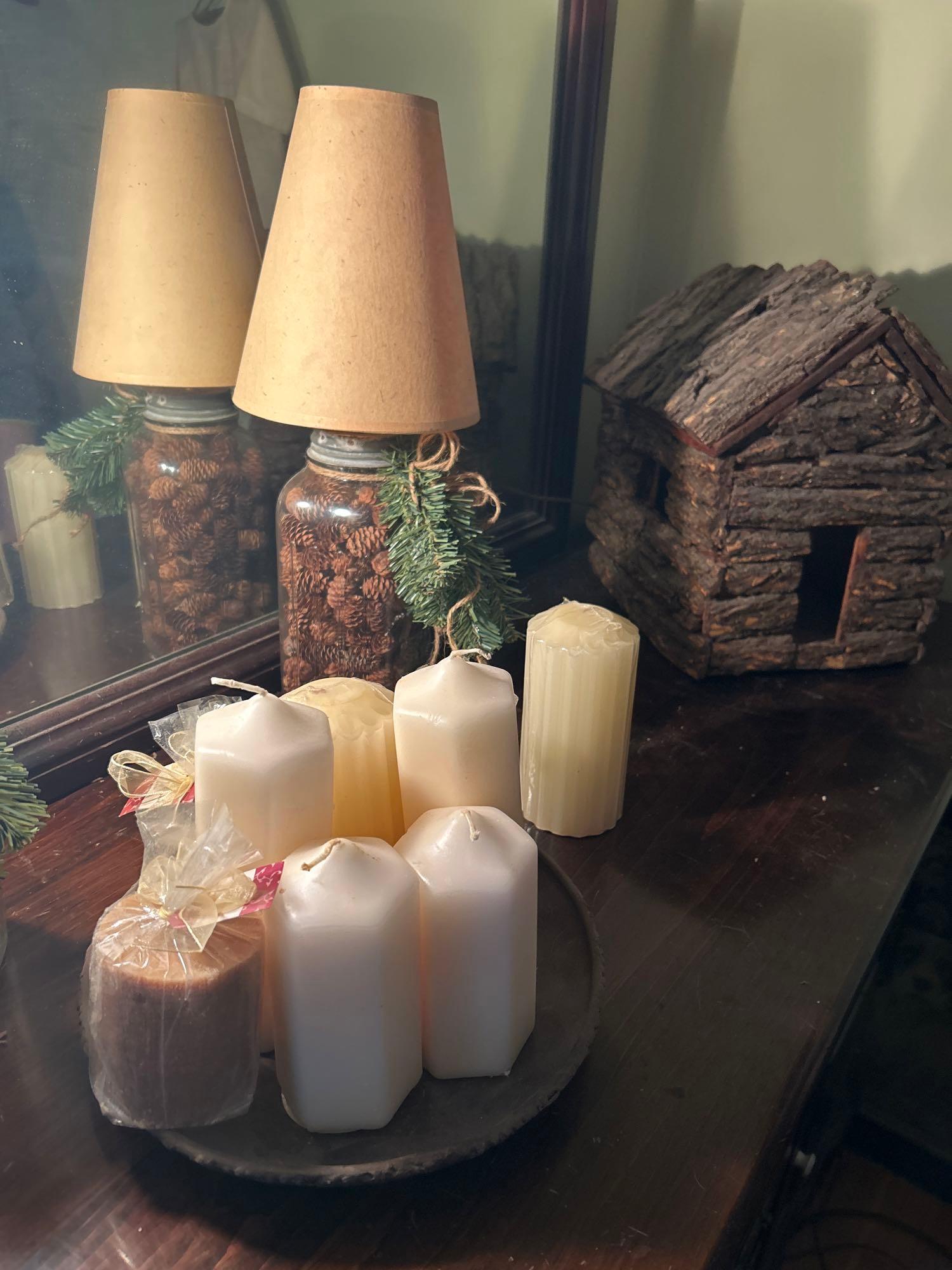 Handmade wooden houses candles pine cones & misc