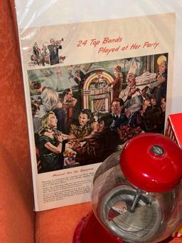 VINTAGE GUM-BALL MACHINE, TOYS ANTIQUE JUKE BOX ADVERTISEMENT WALL ART