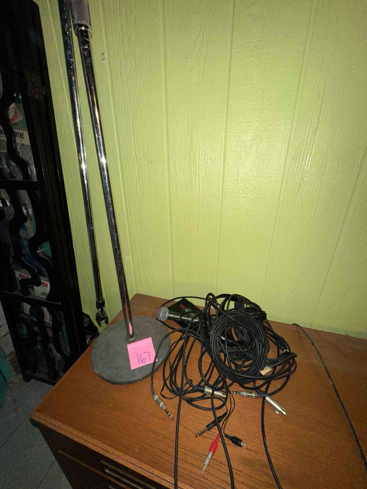 microphone with floor, stand cords, other electronics
