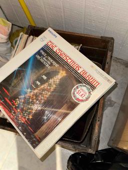 wooden crate, full of 33 RPM vinyl records