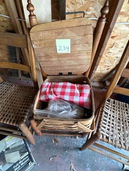 3 ladder back chairs picnic basket and misc