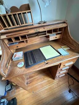 LARGE ROLL TOP DESK AND LEATHER DESK CHAIR