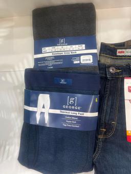 NEW Laundry basket George size M pants and crew, wrangler lined long sleeve m and 2 pairs of 32x32