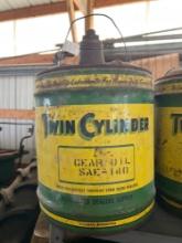 vintage 5-gallon can of John Deere Twin Cylinder Gear Oil can