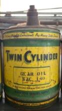 vintage 5-gallon can of John Deere Twin Cylinder Gear Oil can