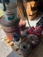 pallet of gas cans/oil, cans and round up sprayer