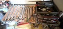 table full of large wrenches 1-1/16 to 2 in plus tool box full of tools