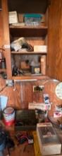 cupboard of connectors and tire wraps, etc. AND heavy duty spray gun ,JD thermometer and more