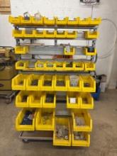 Parts bin shelving organizer with plastic bins on wheels