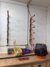 Lumber storage rack, bucket with tool & misc items