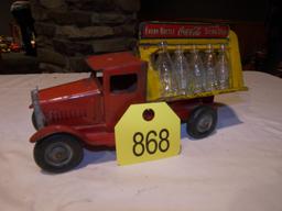 Tin Every Bottle Coca Cola Sterlized Truck w/10 Glass Coca Cola Bottles