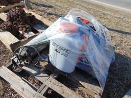 Pallet of lawn sprayers and backpack leaf blowers