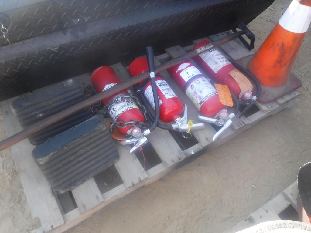 Pallet of Fire Extinguishers, Wheel Chocks,