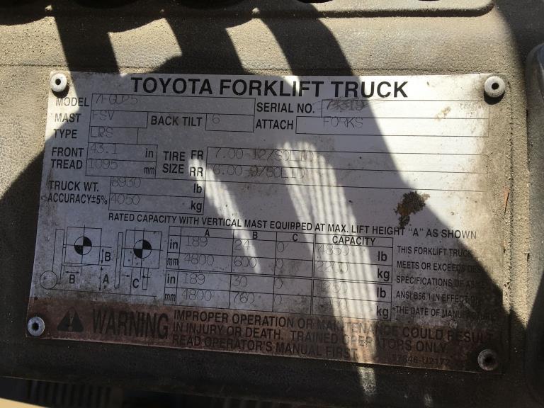 2005 Toyota 7FGU25 Industrial Forklift,