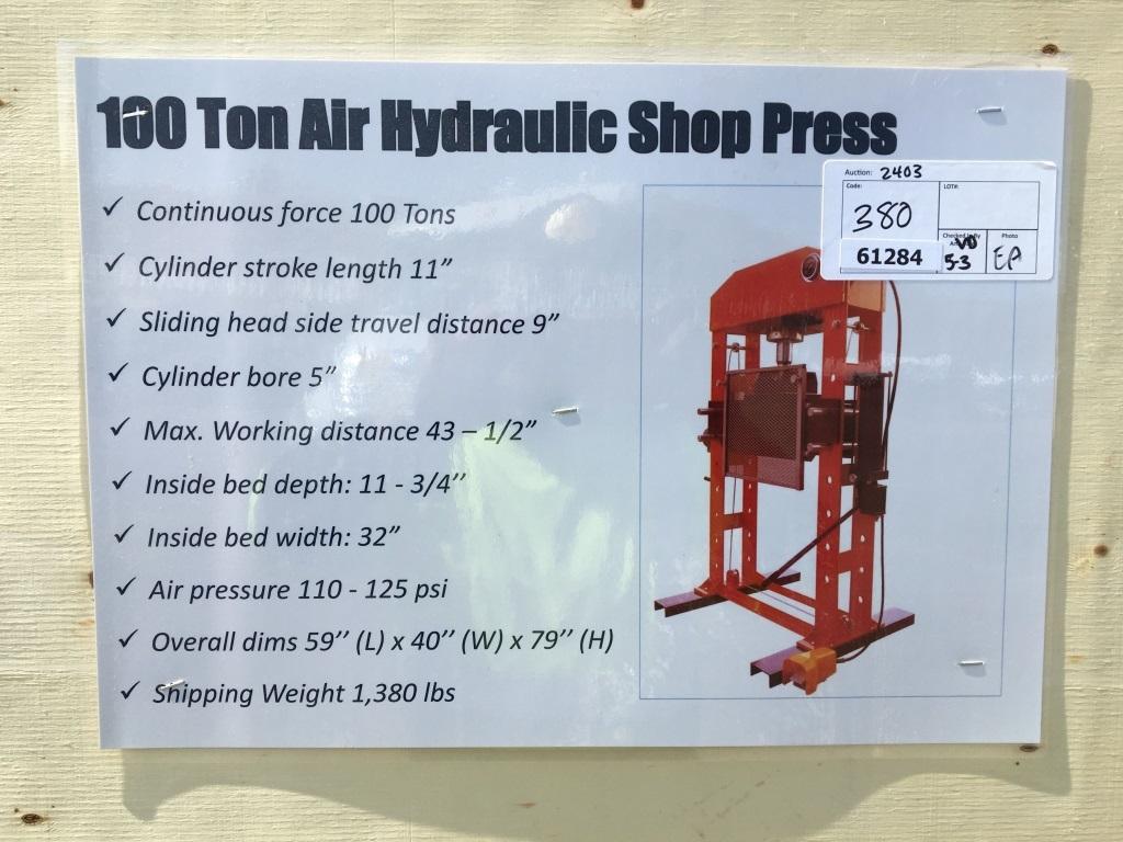 Unused 100-Ton Air/Hydraulic Shop Press.