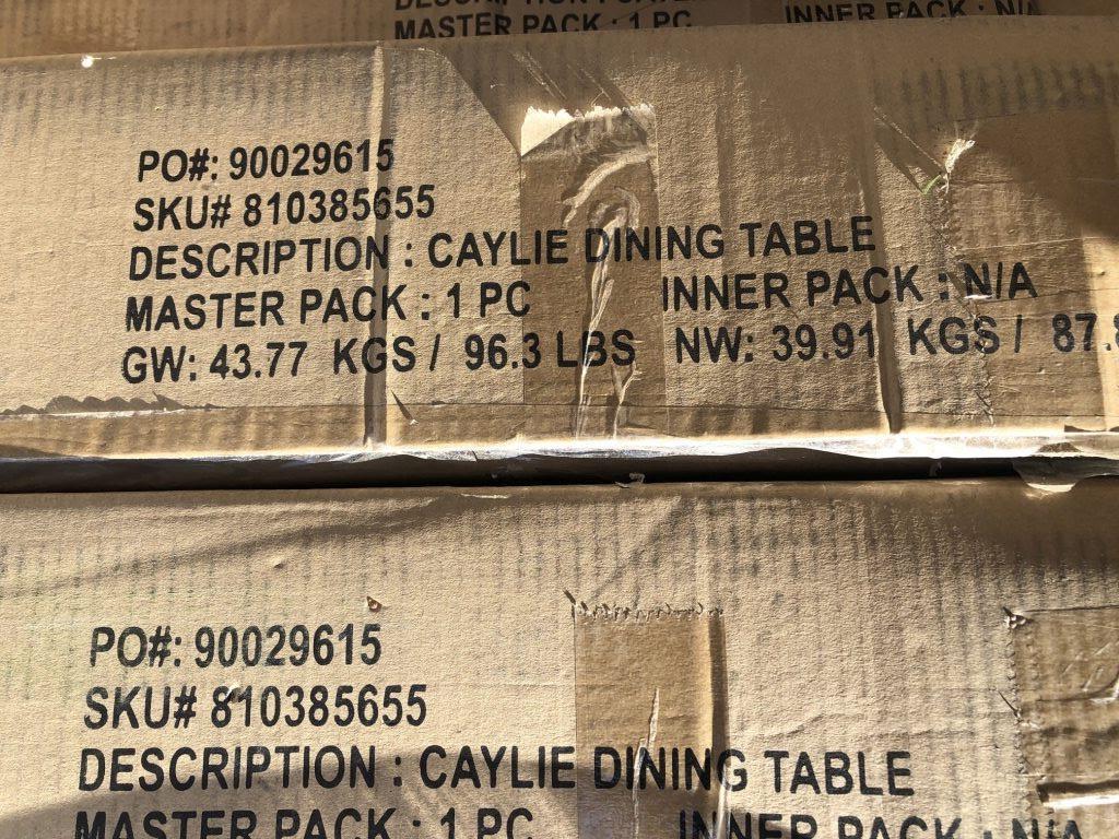 Pallet of Misc Caylie Dining Room Tables.