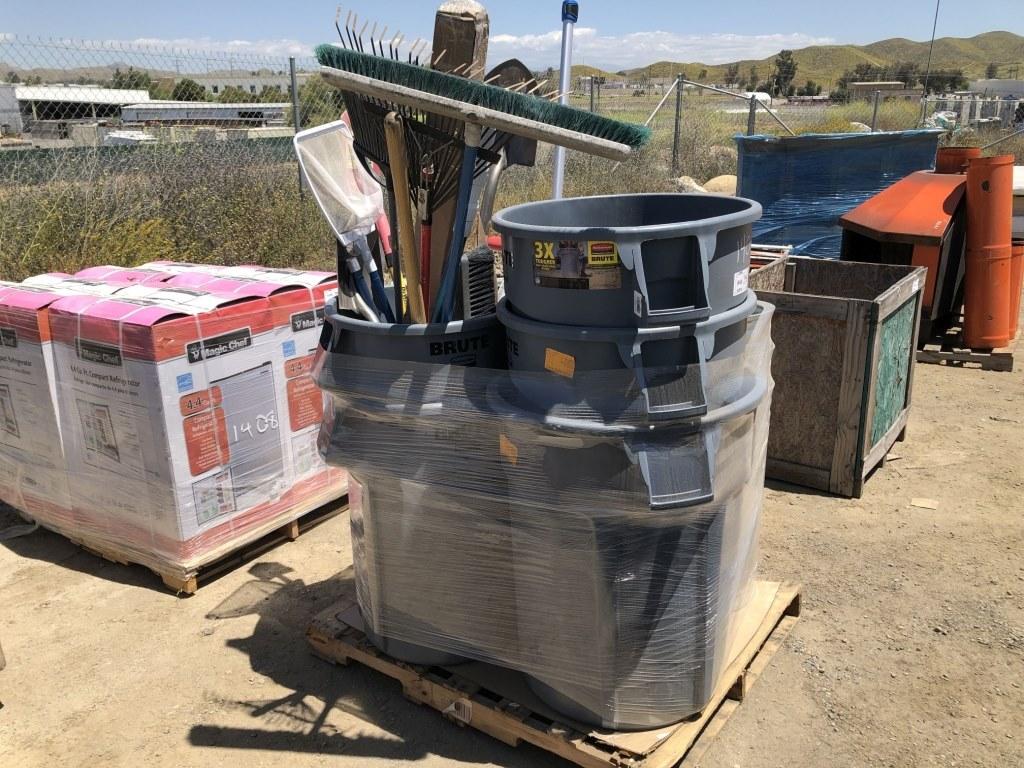 Pallet of Misc Items, Including Metal Trash Cans,