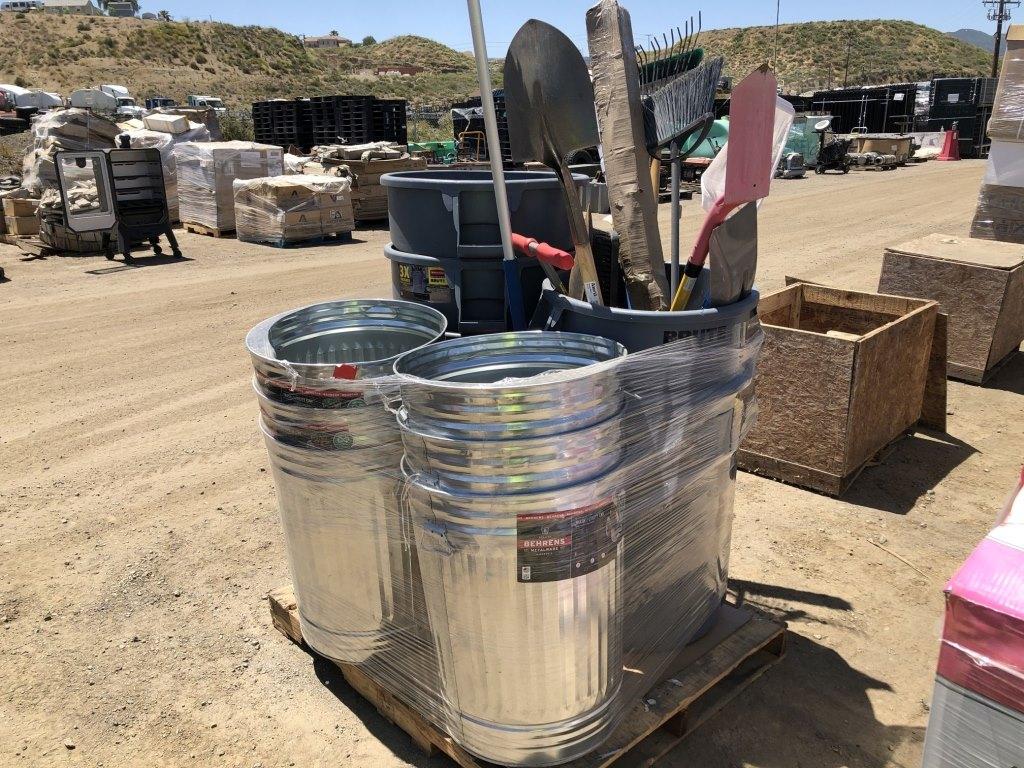 Pallet of Misc Items, Including Metal Trash Cans,