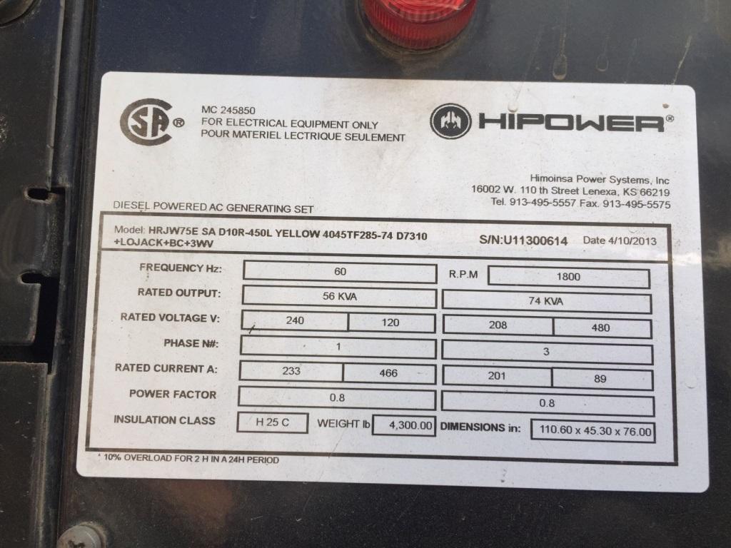 2013 HIPower HRJW75E 74KVA  Generator,