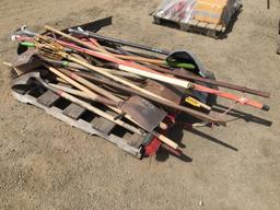 Pallet of Misc Shovels, Rakes and Brooms.