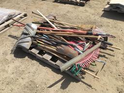 Pallet of Misc Shovels, Rakes and Brooms.