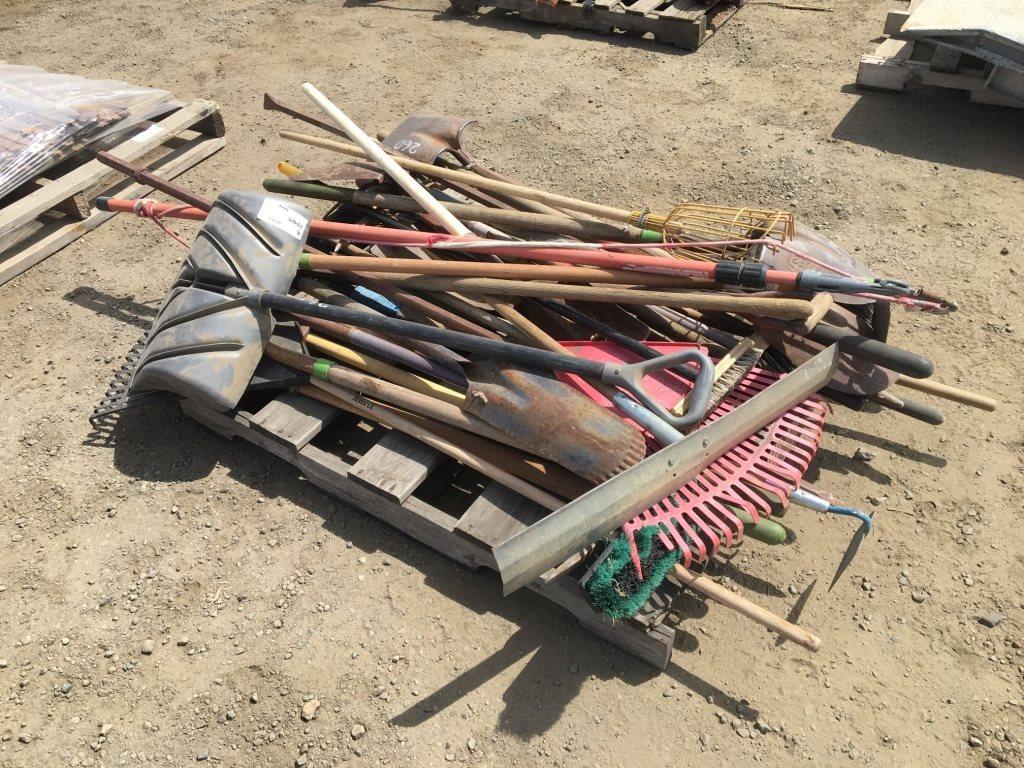 Pallet of Misc Shovels, Rakes and Brooms.