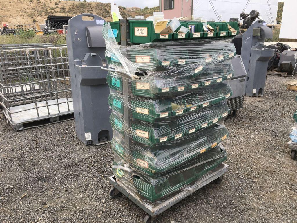 Cart of Plastic Storage Bins w/Misc Small Parts,