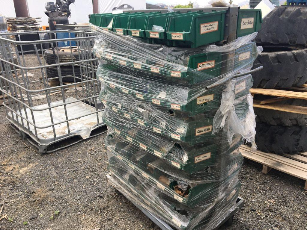 Cart of Plastic Storage Bins w/Misc Small Parts,