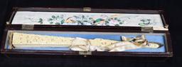 Vintage Embroidered Silk Fan with Case
