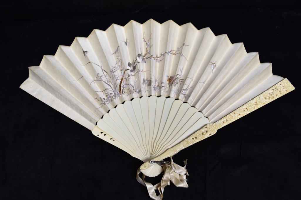 Vintage Embroidered Silk Fan with Case