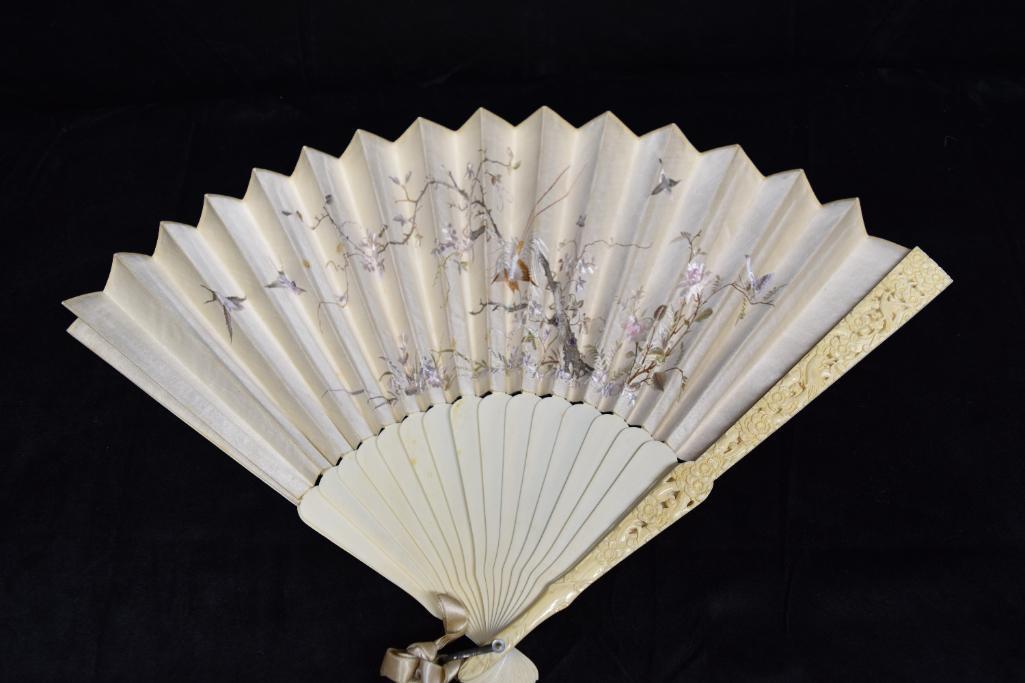 Vintage Embroidered Silk Fan with Case