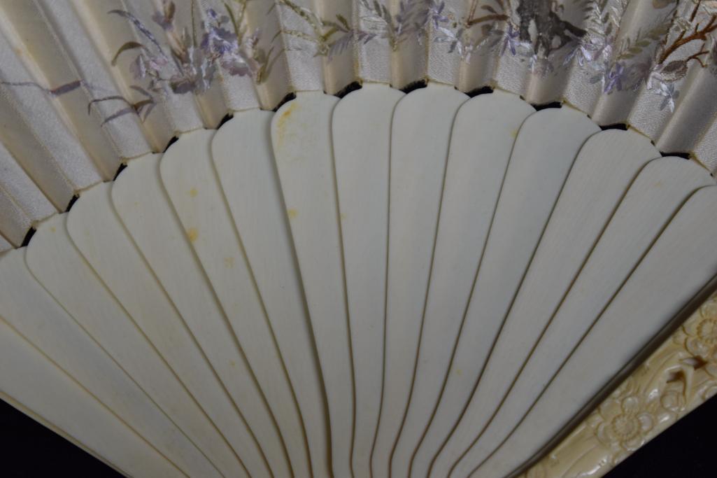 Vintage Embroidered Silk Fan with Case