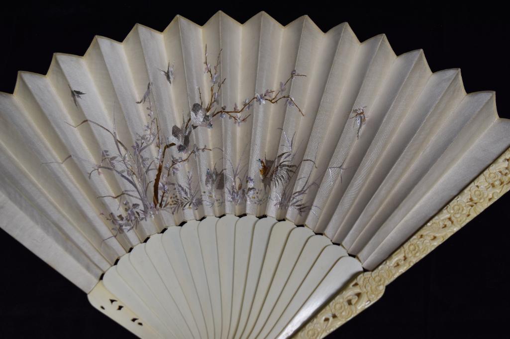 Vintage Embroidered Silk Fan with Case