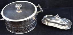 Silverplate Basketweave Cradle with Handles & Hall Serving Dish/Newport Gorham Butter Dish