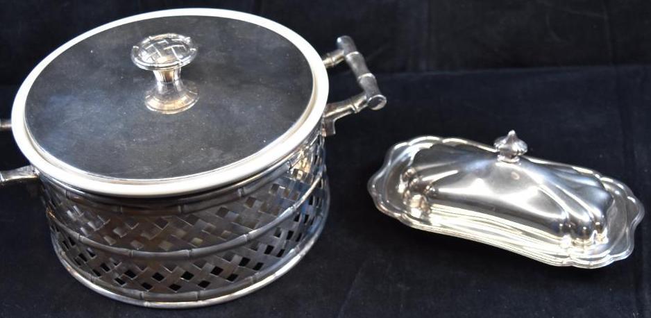 Silverplate Basketweave Cradle with Handles & Hall Serving Dish/Newport Gorham Butter Dish