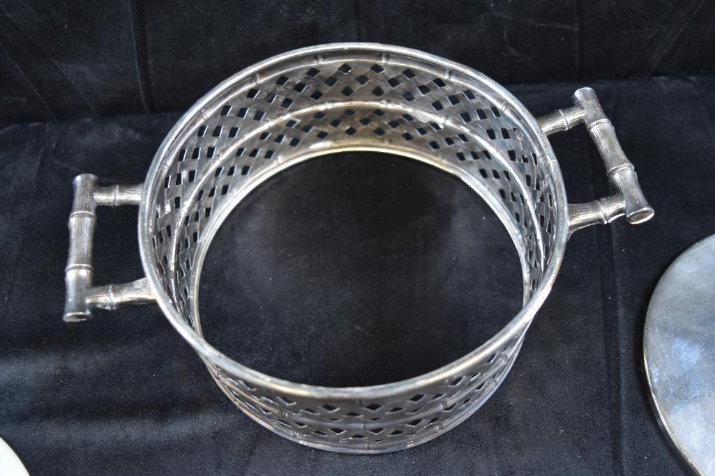 Silverplate Basketweave Cradle with Handles & Hall Serving Dish/Newport Gorham Butter Dish