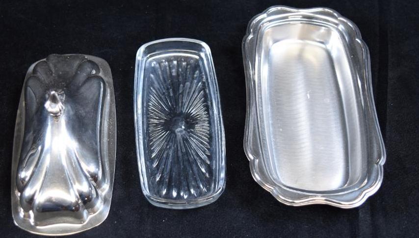 Silverplate Basketweave Cradle with Handles & Hall Serving Dish/Newport Gorham Butter Dish