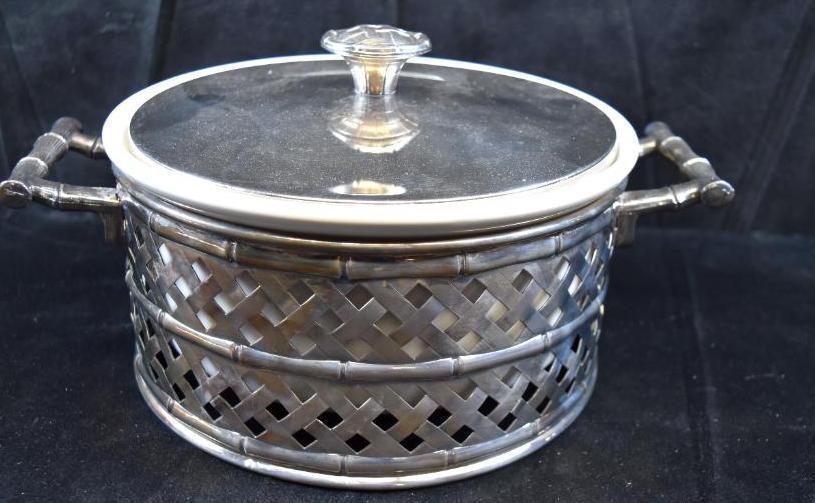 Silverplate Basketweave Cradle with Handles & Hall Serving Dish/Newport Gorham Butter Dish