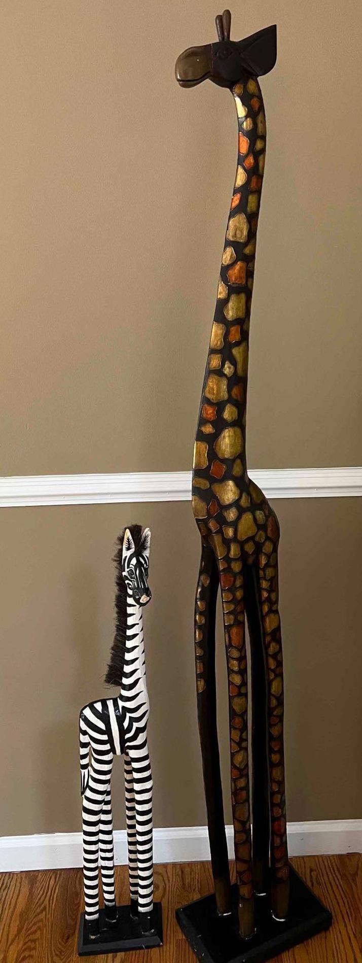 Large Wood Giraffe and Zebra