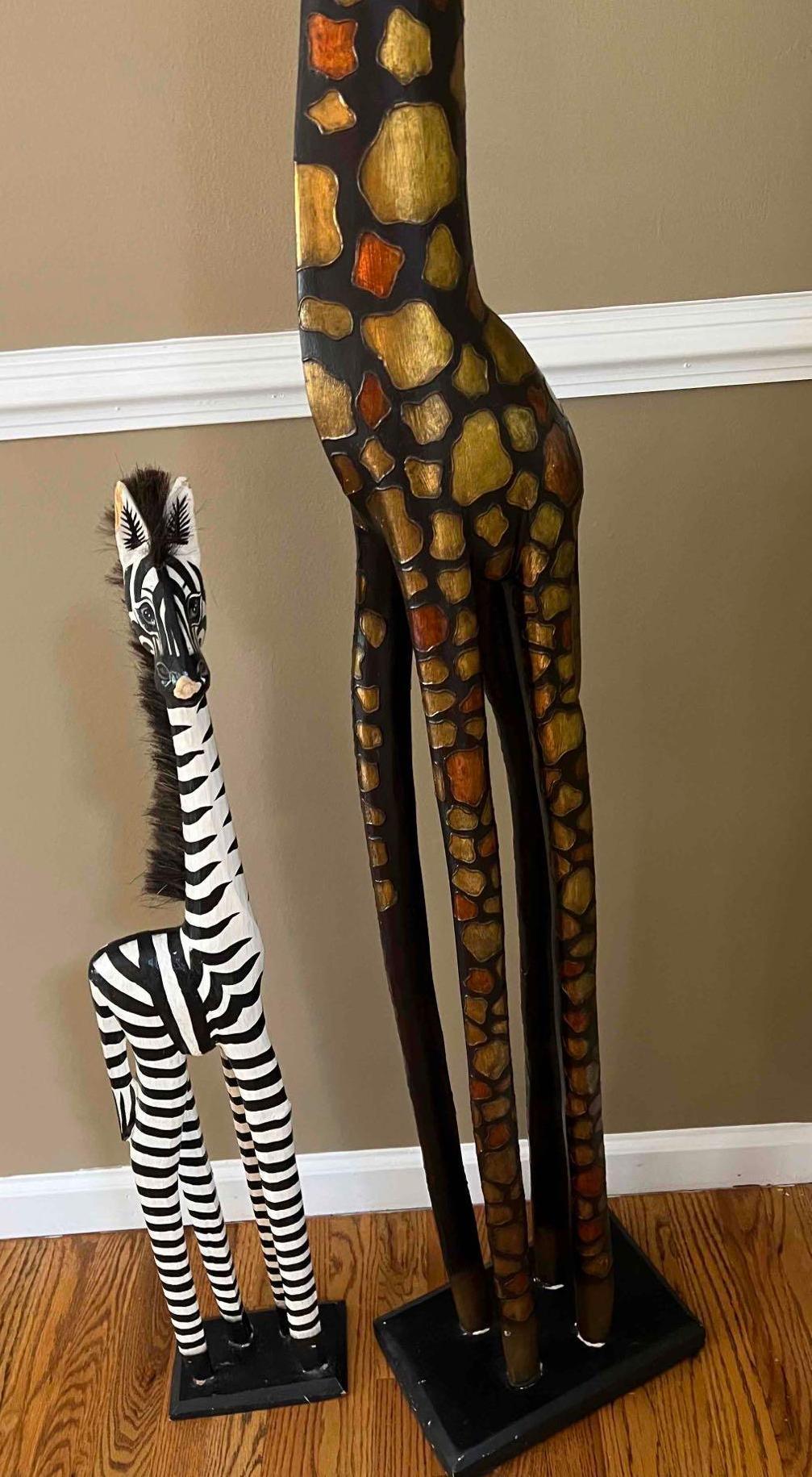 Large Wood Giraffe and Zebra