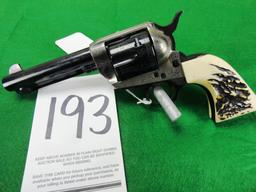Cimarron Frontier, 4” Bbl., 45 Colt, Engraved Silver/Bone Revolver, SN:E066