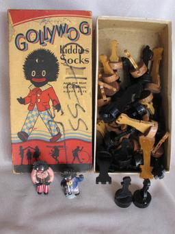 Vintage Gollywog Kiddie Socks box with wood chess set inside and chess writ
